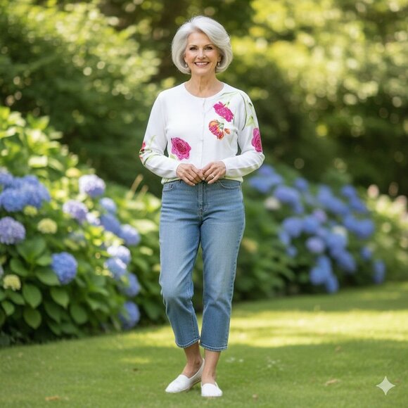 Quacker Factory White Pink Floral Sequined Plussize Cardigan Sweater Size 1X - Picture 4 of 9